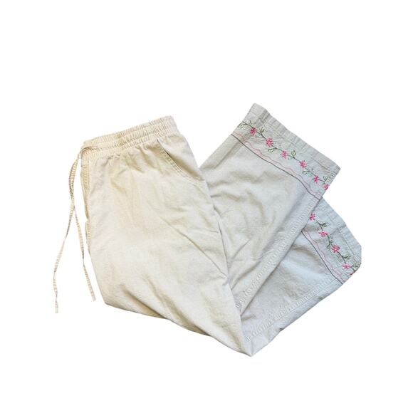 Vintage 90s Embroidered Cotton Pants M Beige Crop Pants with Floral Hem - Picture 8 of 8